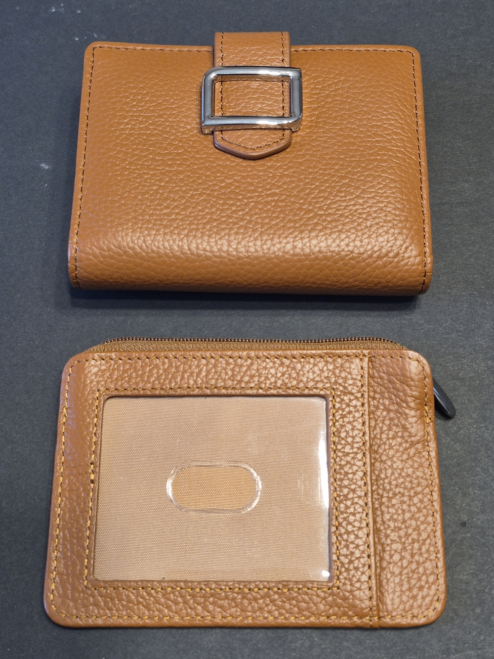Compact Tan Leather Wallet with RFID Protected ID Window and Zip Pouch